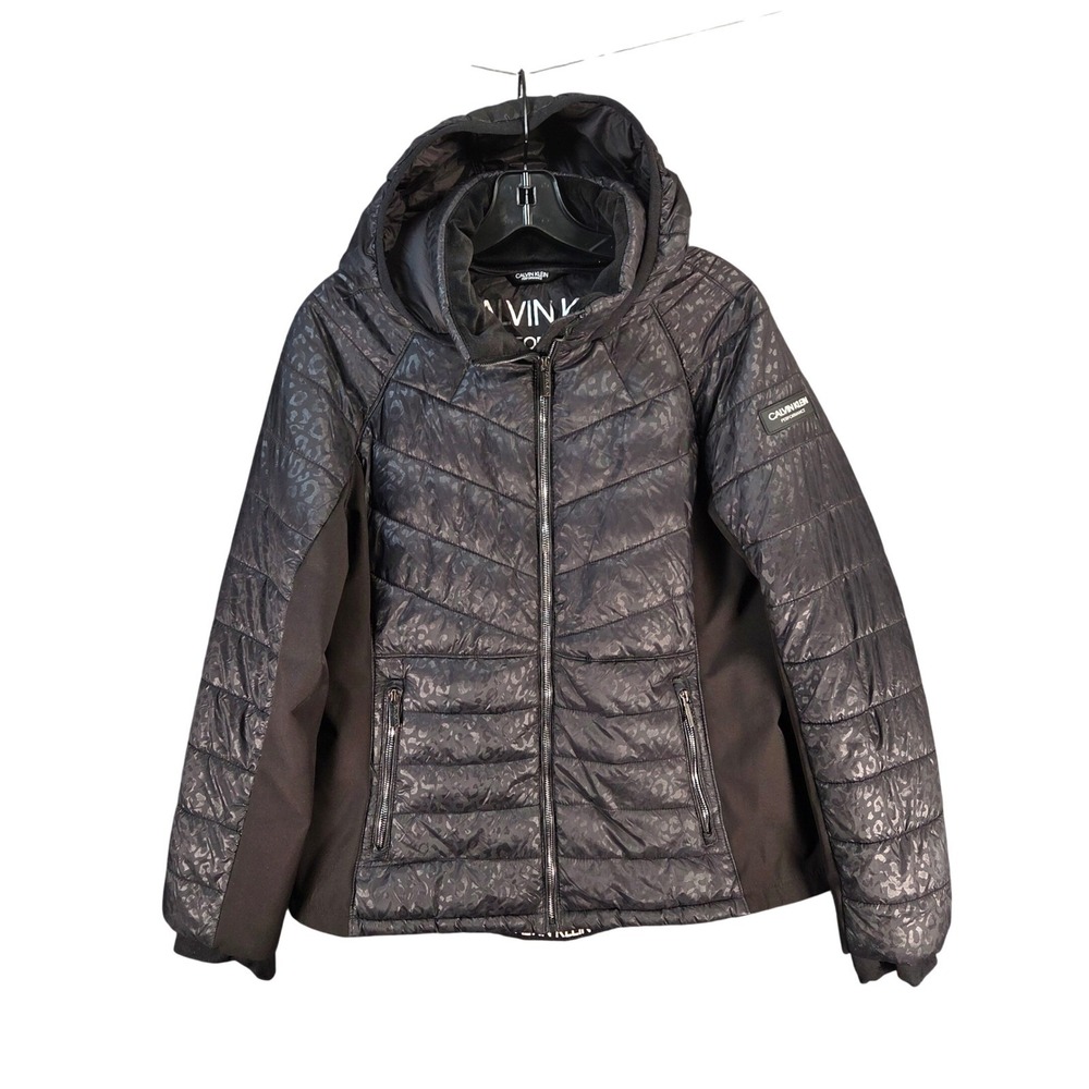 Calvin Klein Performance Quilted Puffer Jacket Womens Large Black Leopard Hooded